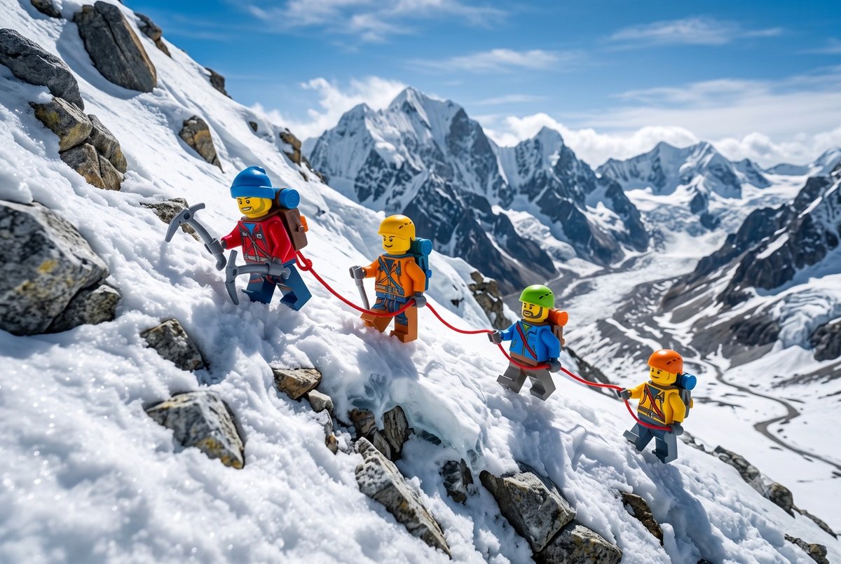 Team collaborating to reach a summit layout landscape visual